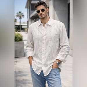 Johnny Cotton Men's Cream Button-Down Shirt with Blue Detailing